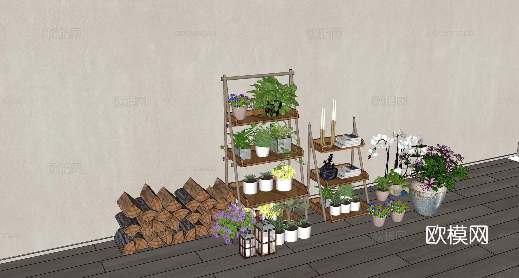 侘寂置物花架 植物花卉盆栽组合su模型