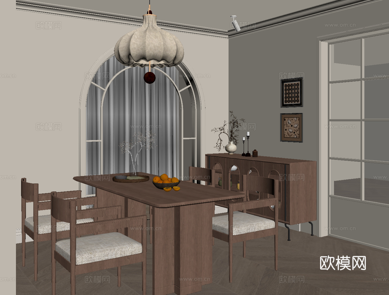 现代中古风餐厅 餐桌椅 餐边柜su模型