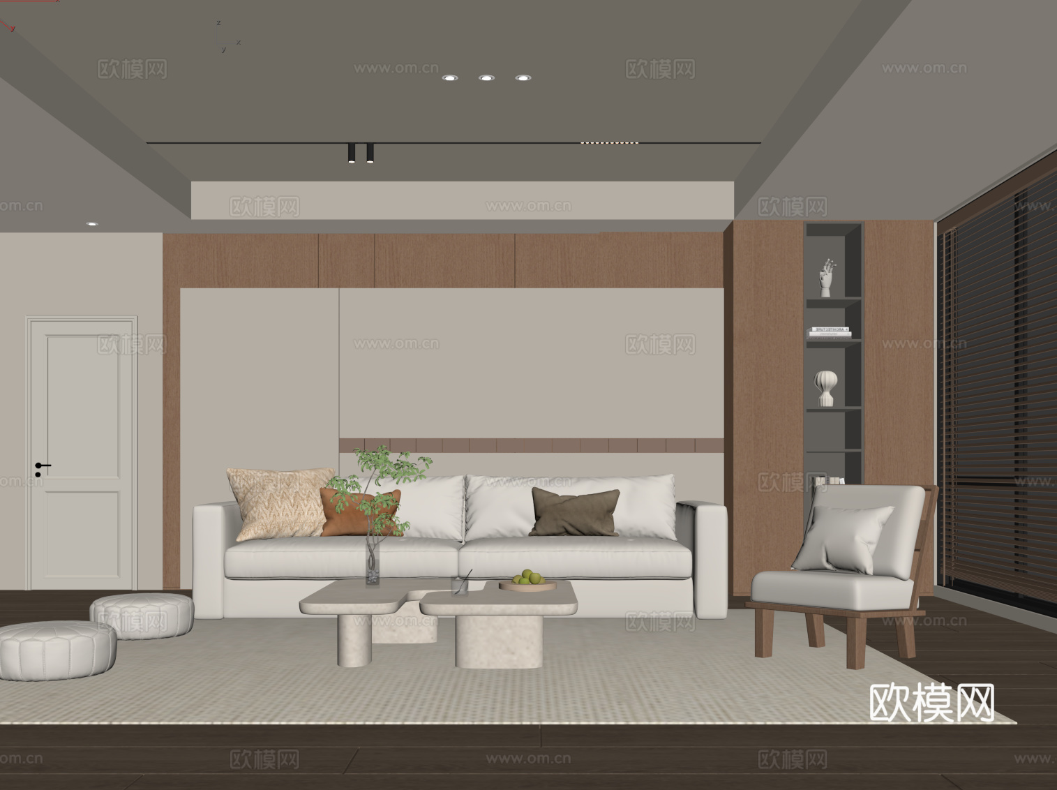 现代奶油风客厅 沙发茶几组合 背景墙su模型