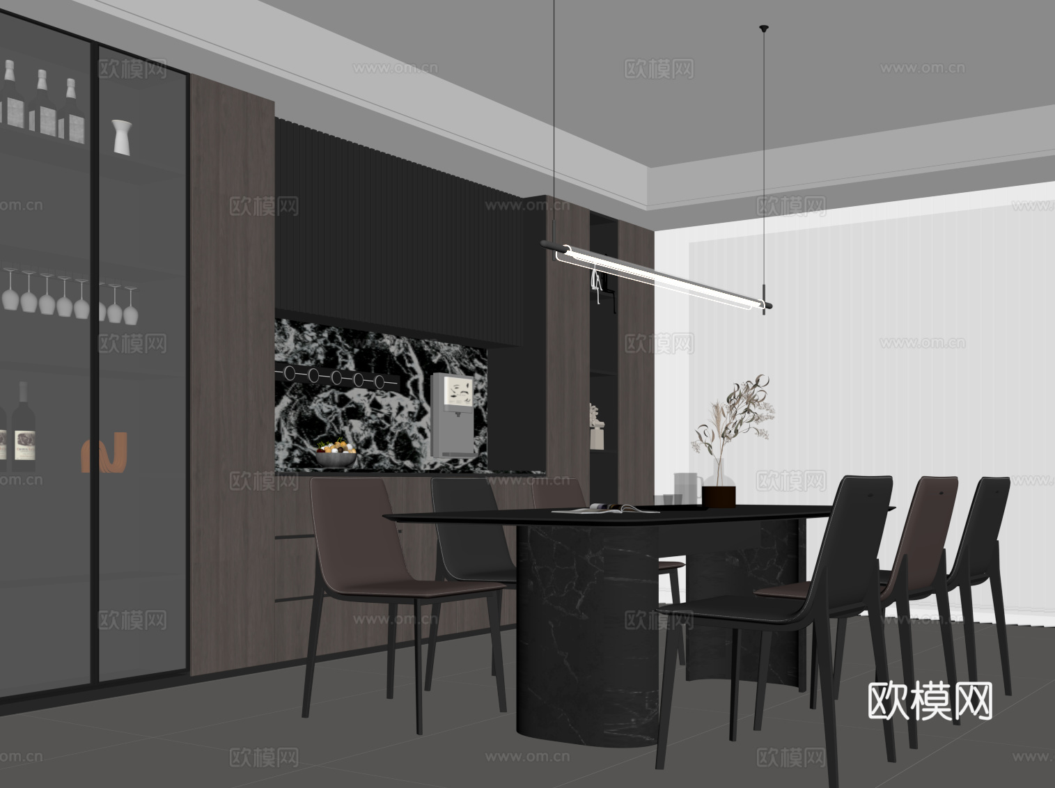 现代意式餐厅 餐桌椅 酒柜 餐边柜su模型