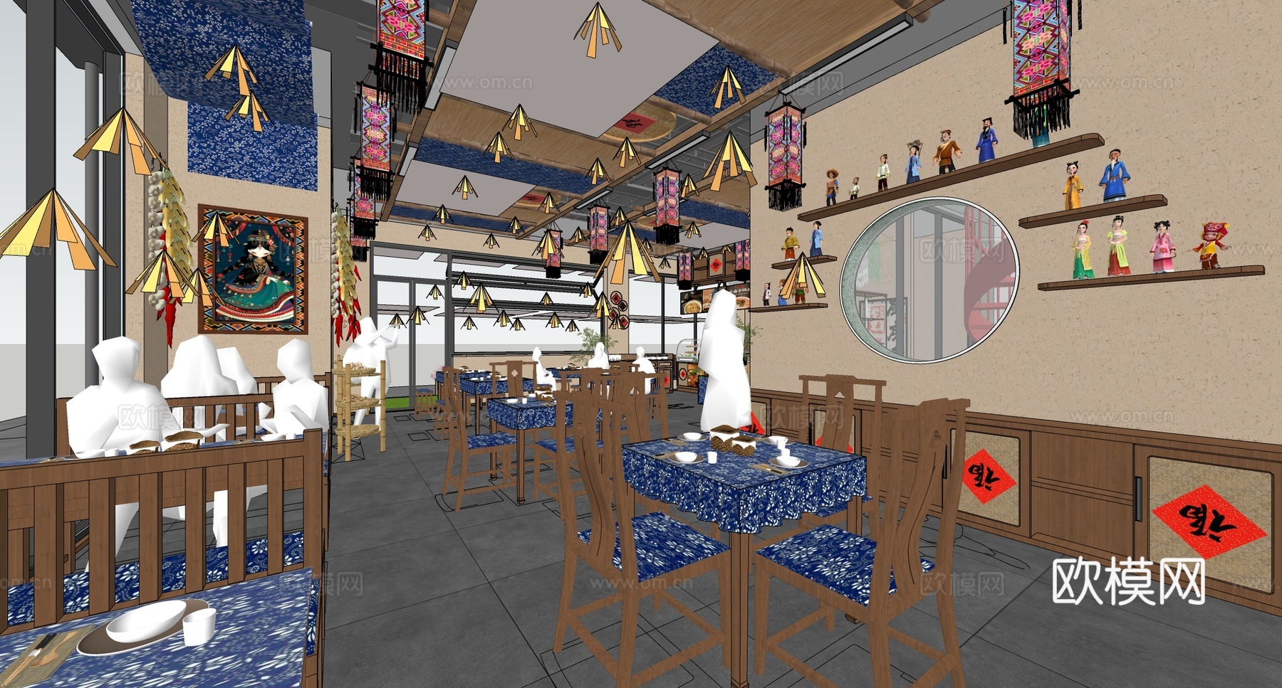 新中式原木中餐厅 云南特色中餐厅 餐桌椅组合 新中式快餐店su模型