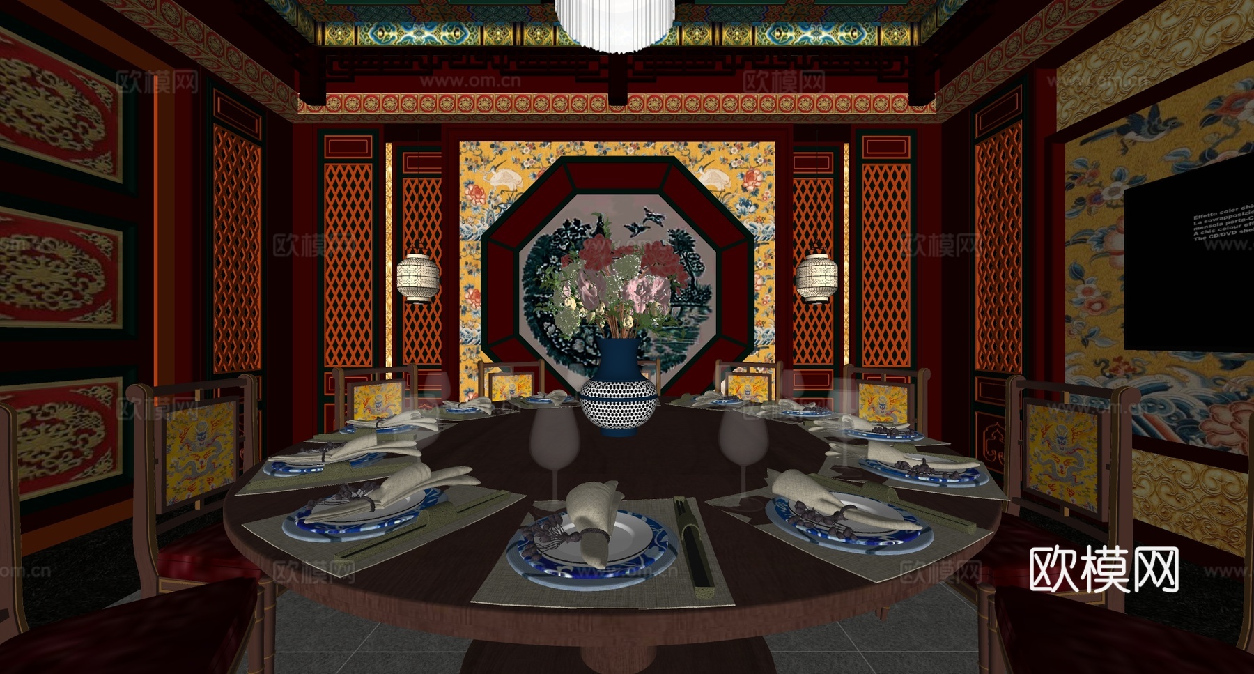 中式中餐厅 中式宴会厅 餐桌椅组合su模型