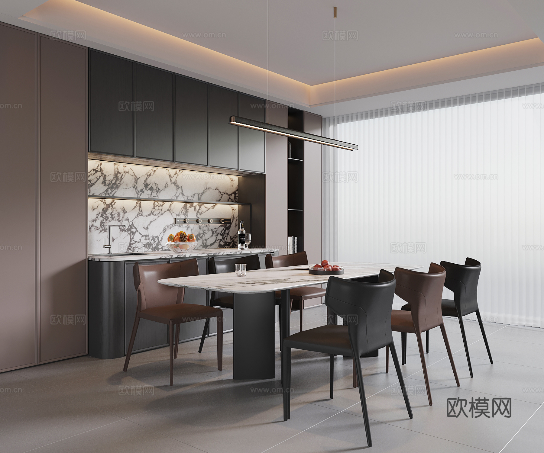 现代意式餐厅 餐桌椅 意式酒柜su模型