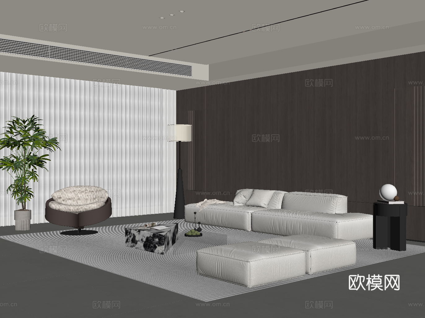 现代意式极简客厅 沙发茶几组合 背景墙 落地灯su模型
