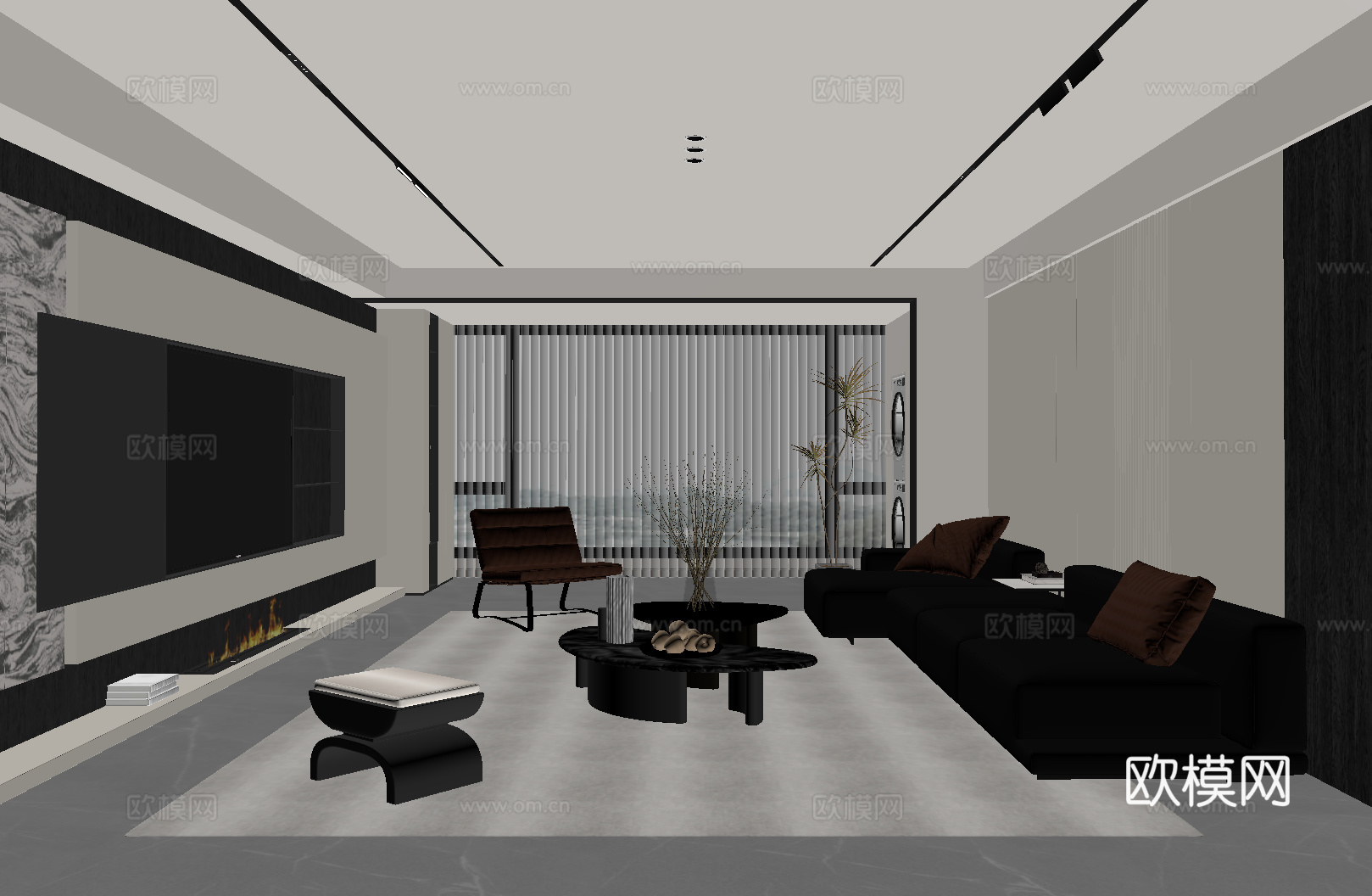 现代意式客厅 沙发茶几组合 电视背景墙su模型