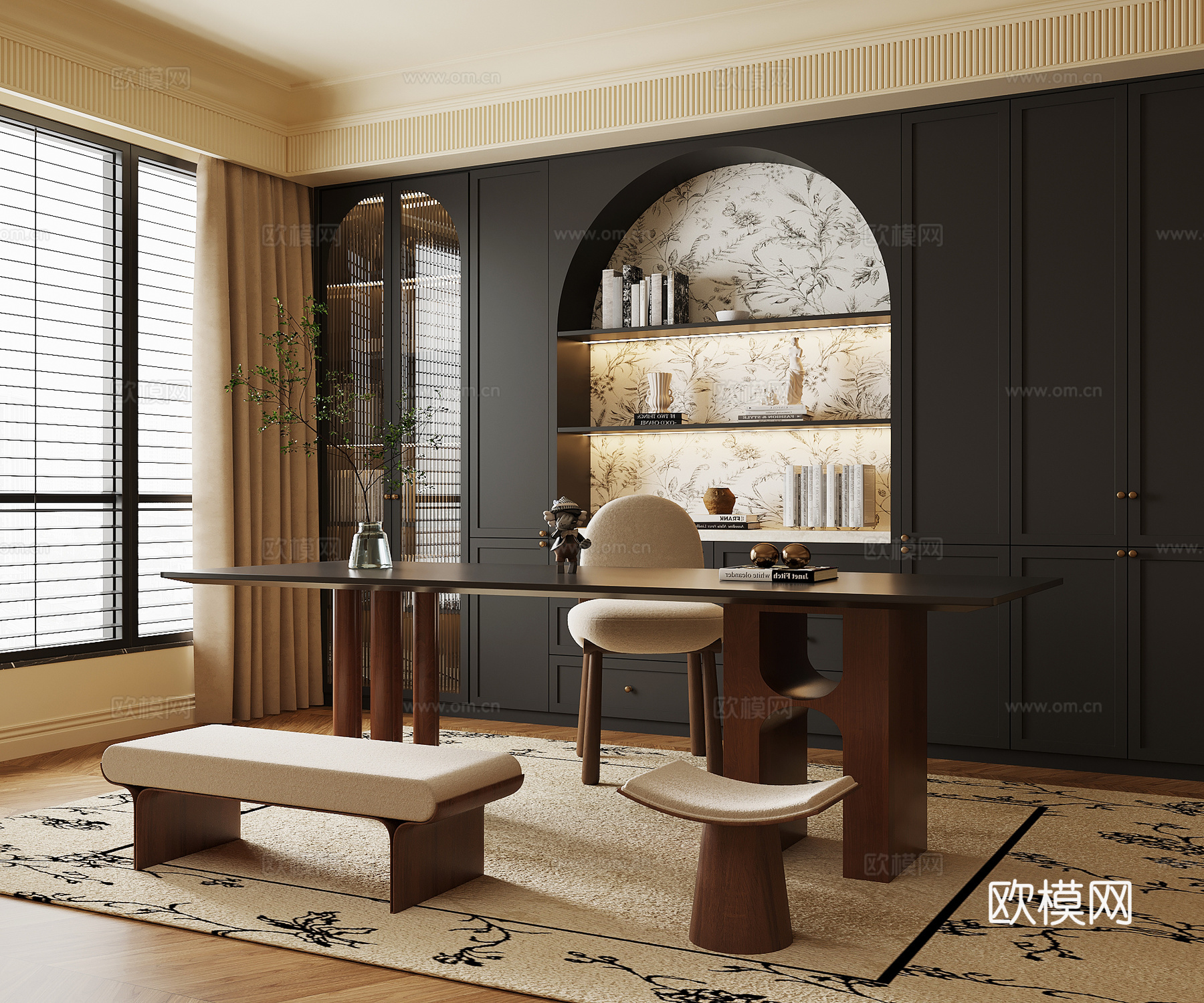 法式中古书房 书桌椅 书柜su模型