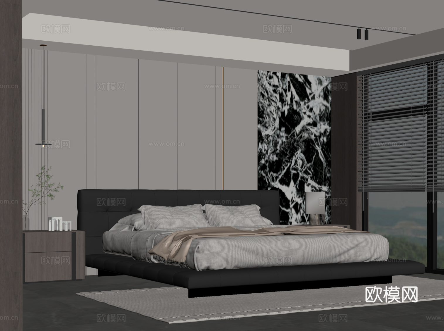 现代意式家居卧室 双人床 背景墙 床头柜su模型