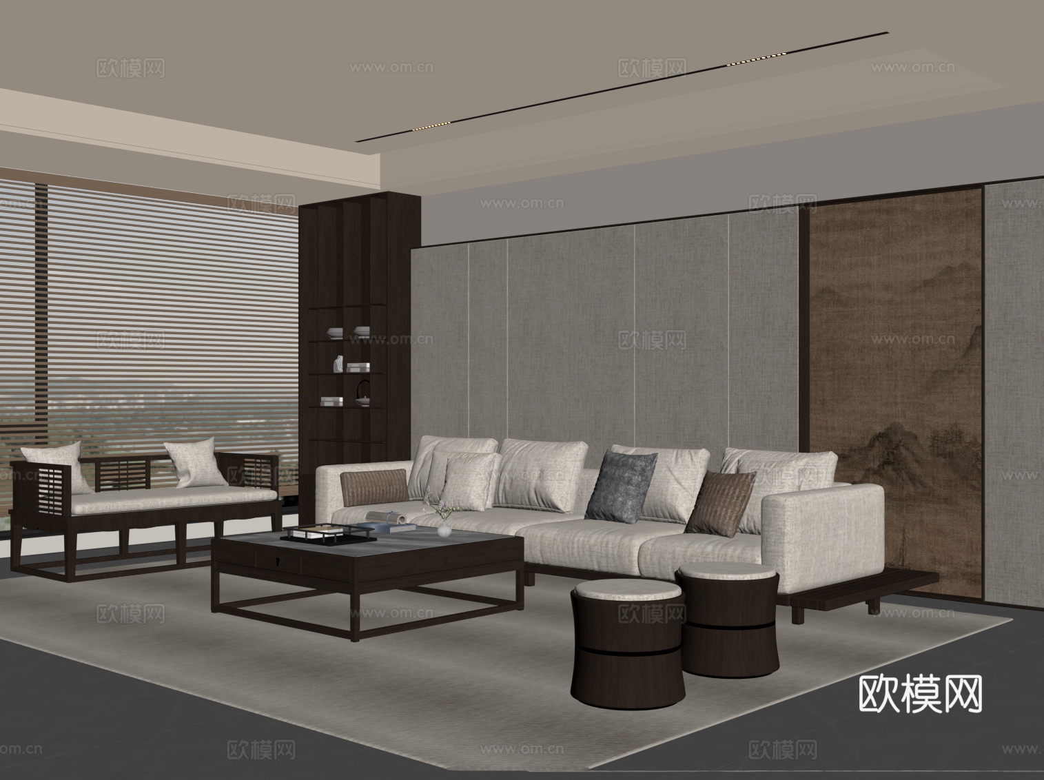 新中式客厅 沙发茶几组合 茶柜背景墙su模型