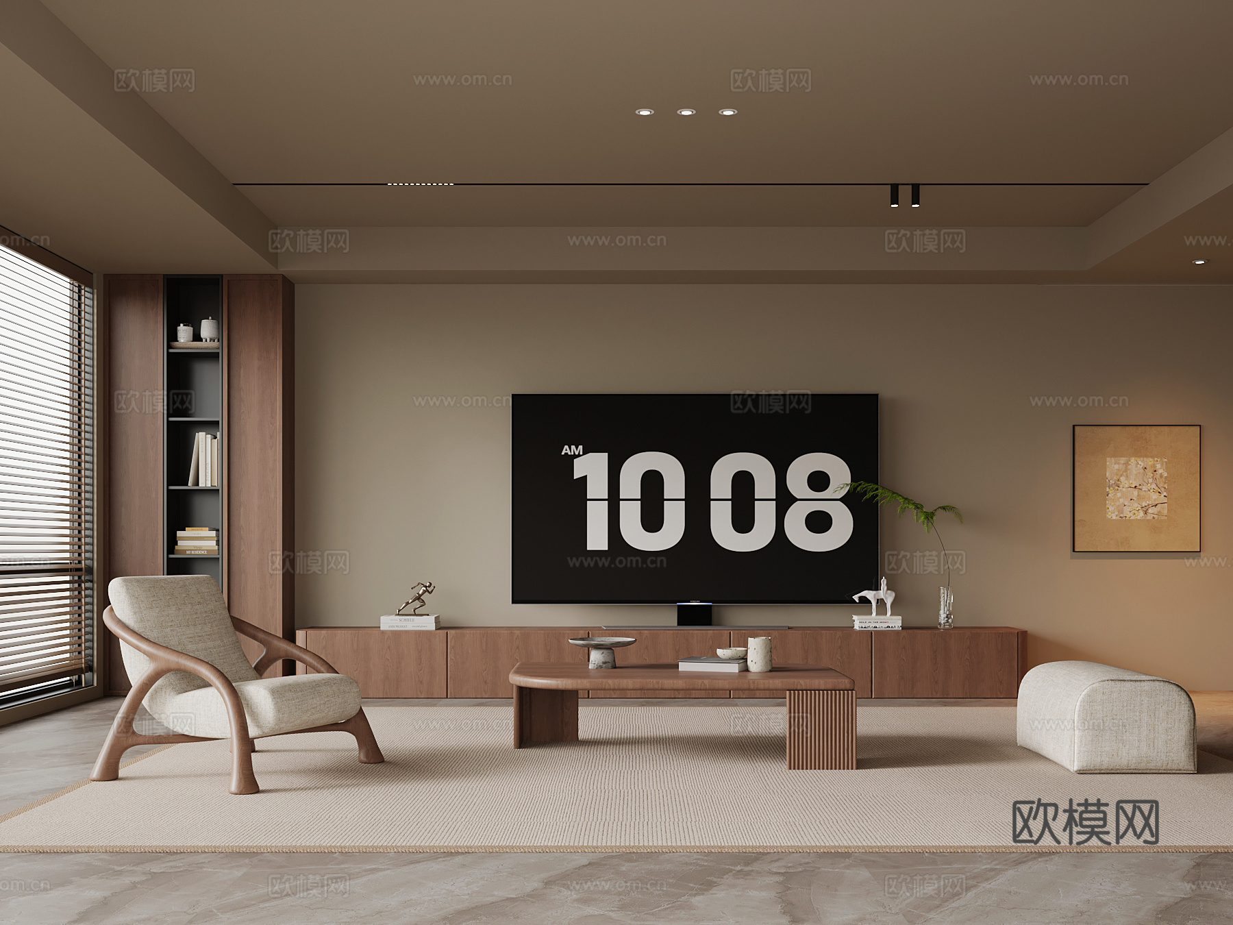 现代中古风客厅 沙发茶几组合 电视柜 矮柜su模型