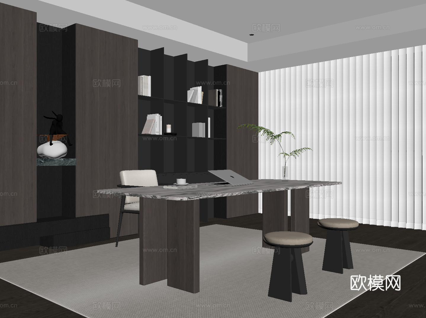 现代意式书房 书桌椅 书柜su模型