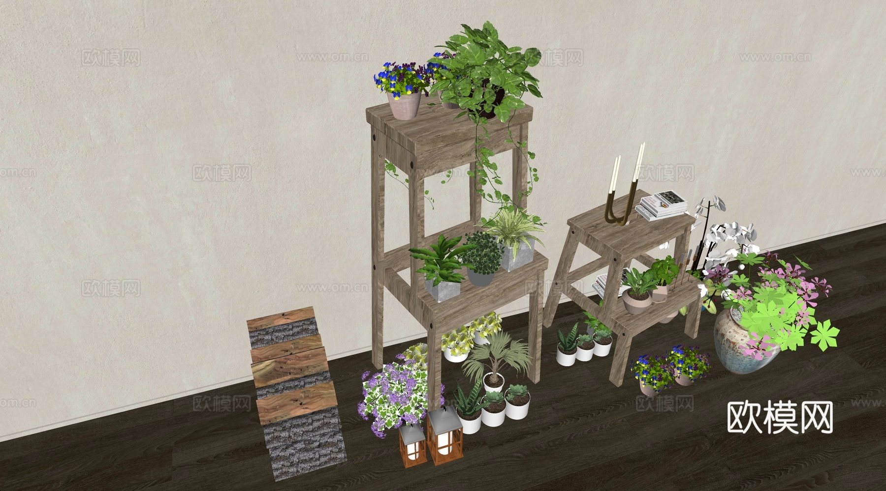 原木简约花架 花架 植物架 盆栽架 盆栽su模型