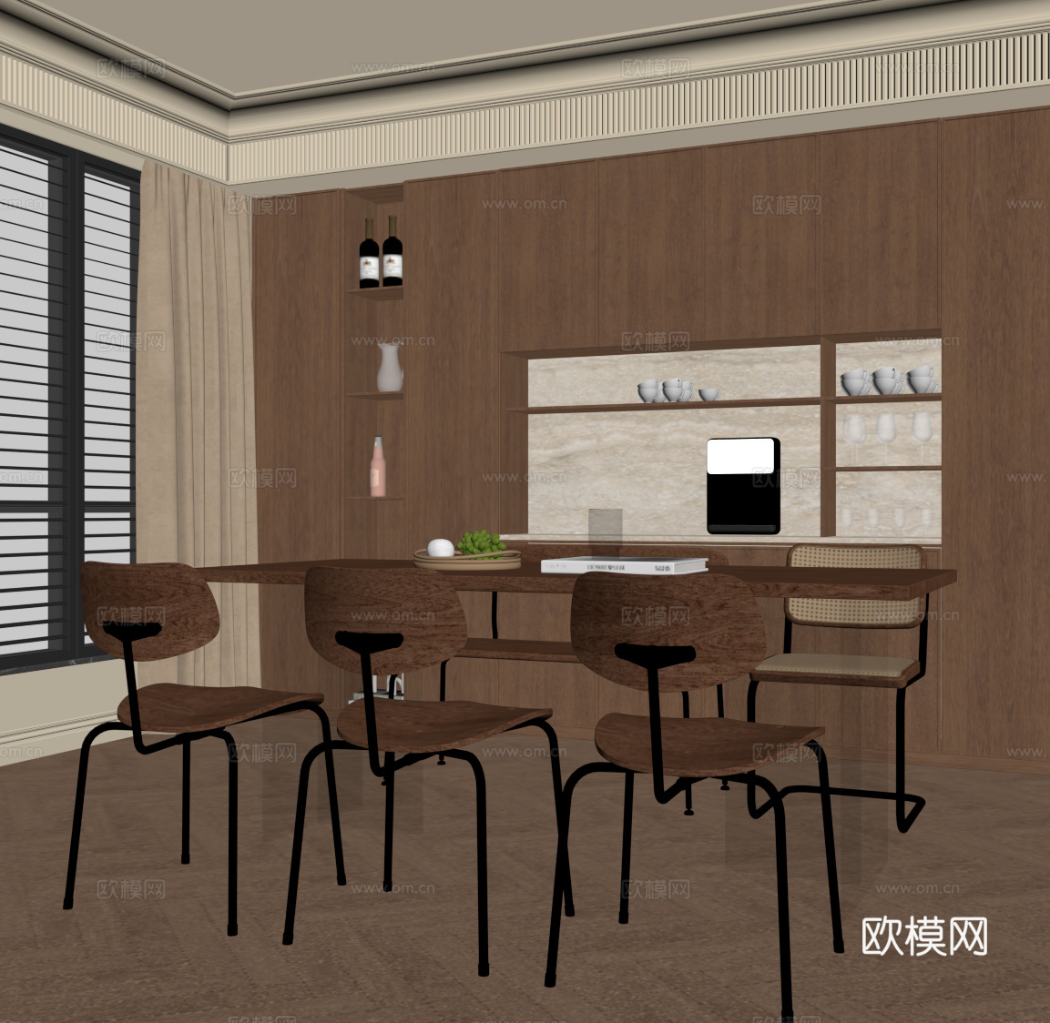 中古风餐厅 酒柜 餐桌椅组合su模型
