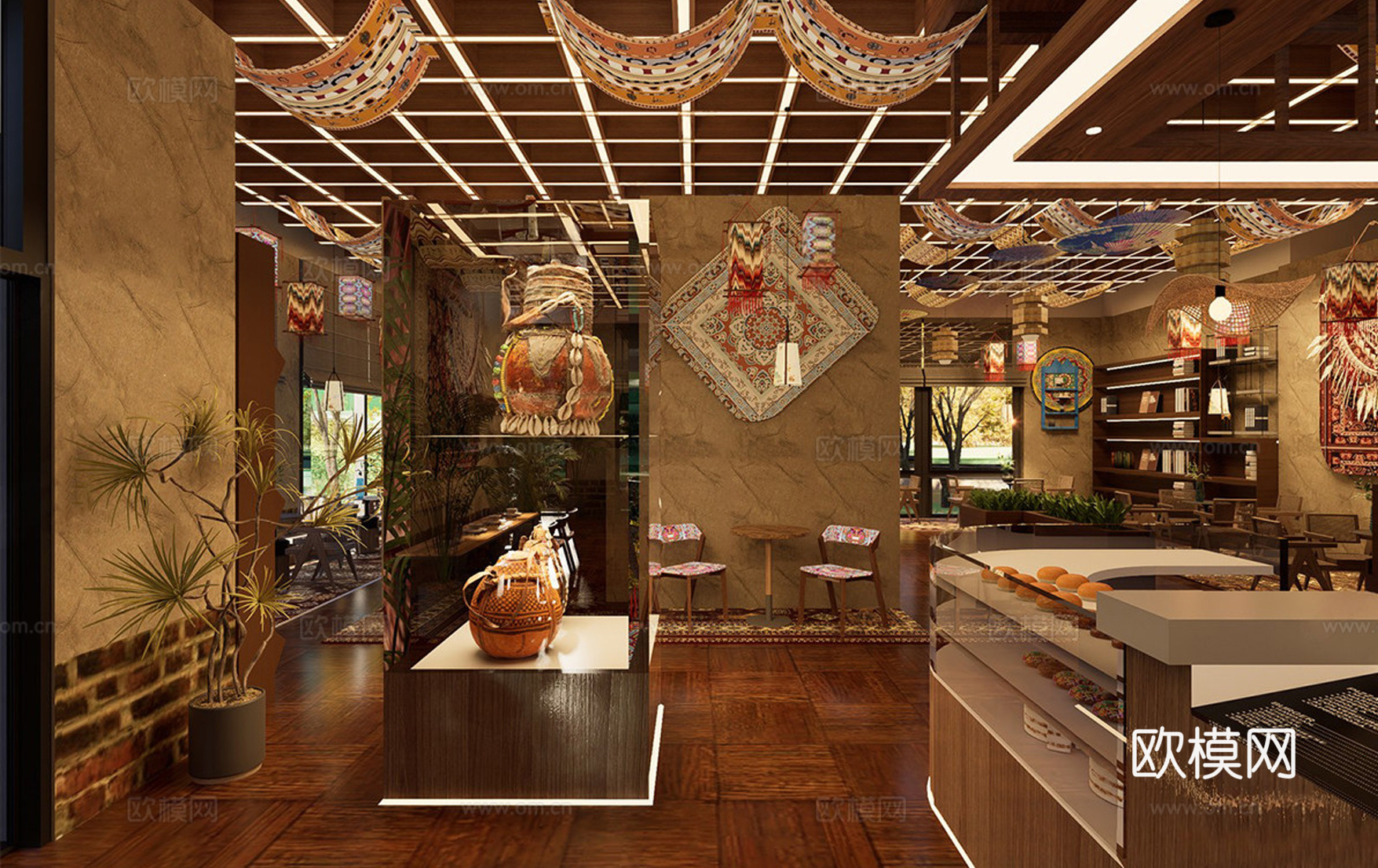 侘寂风餐厅 餐桌椅组合 吧台前台 吊灯su模型