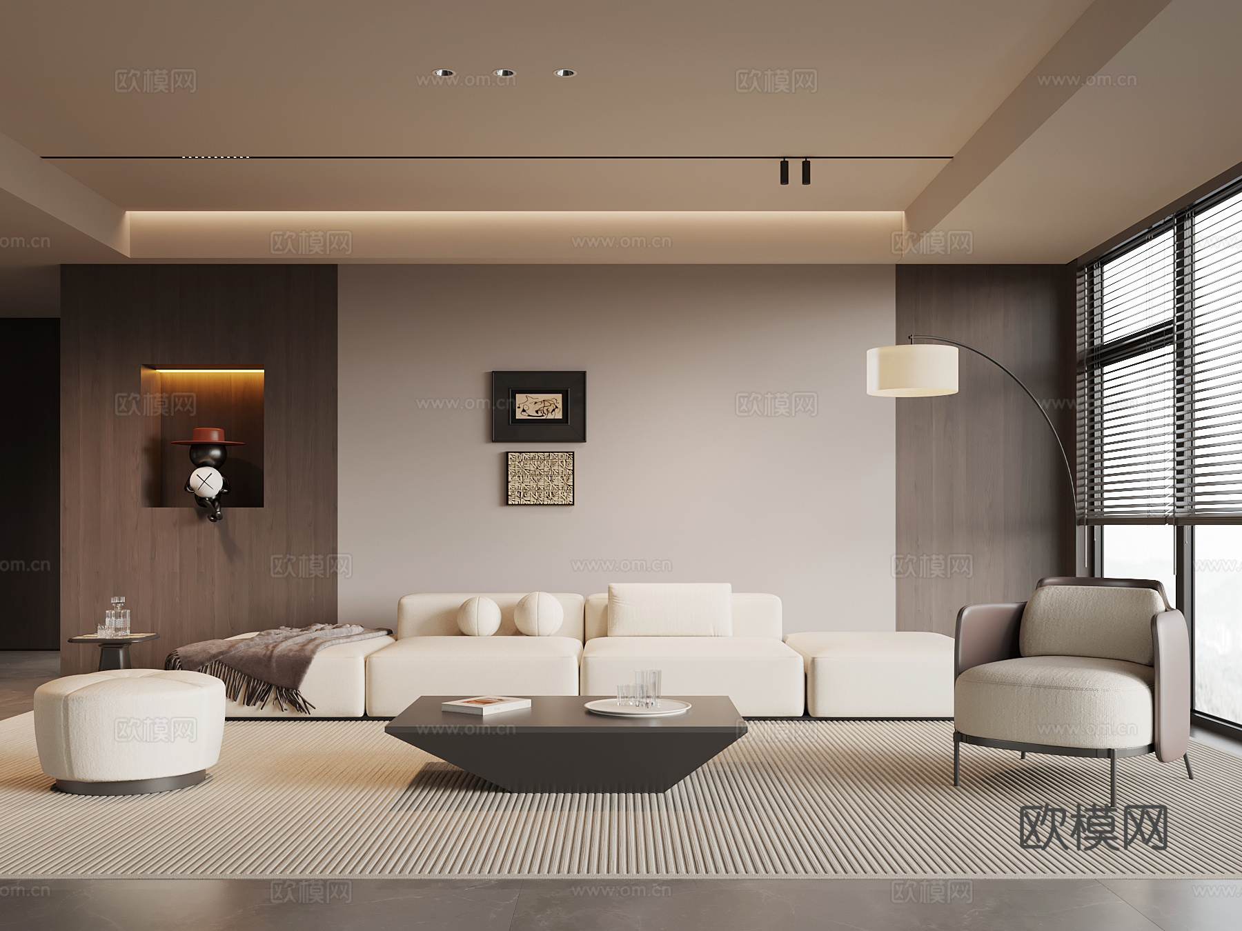 现代意式家居客厅 沙发茶几组合 背景墙su模型