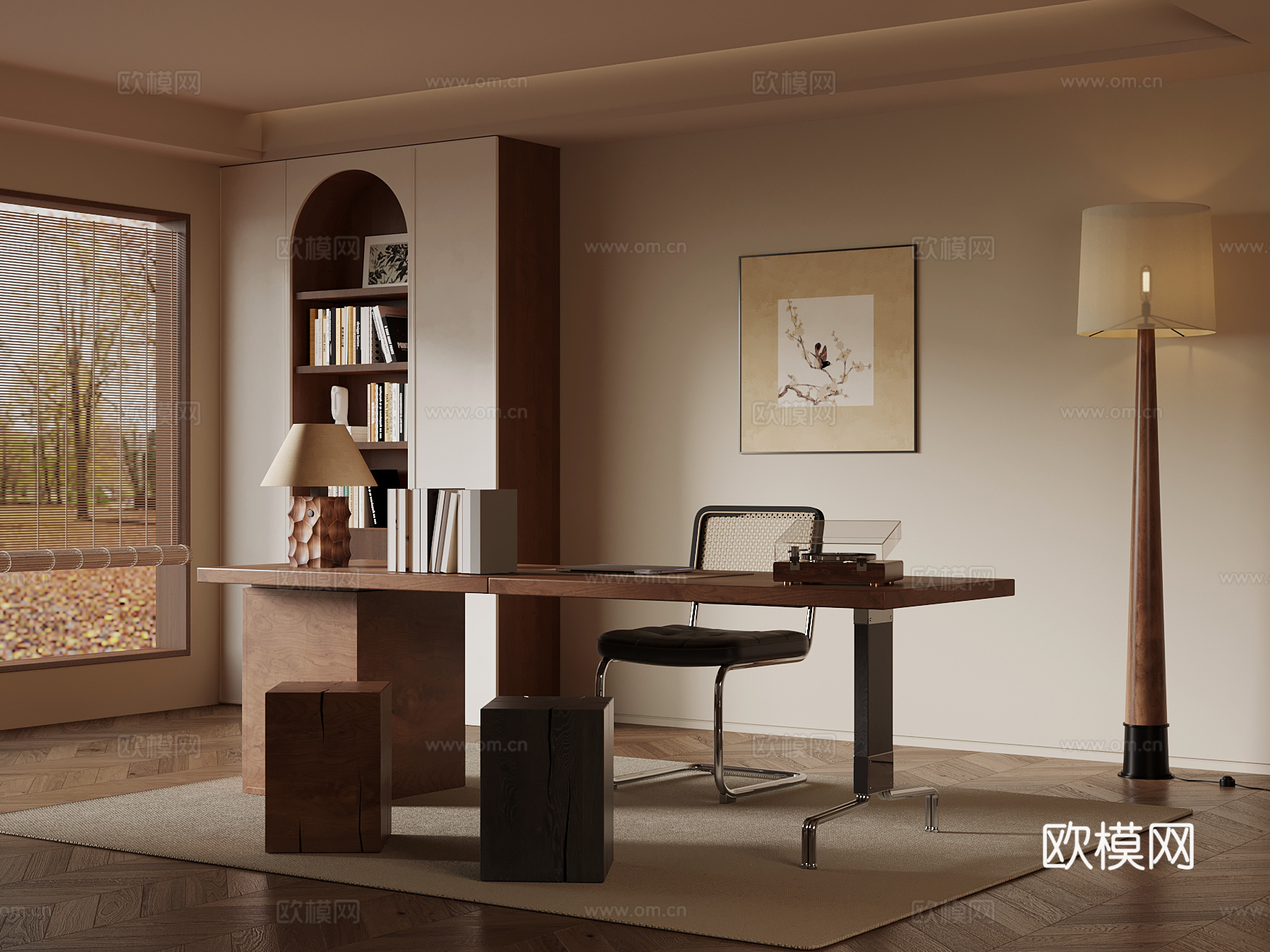 现代中古风书房 书桌椅 书柜 落地灯su模型