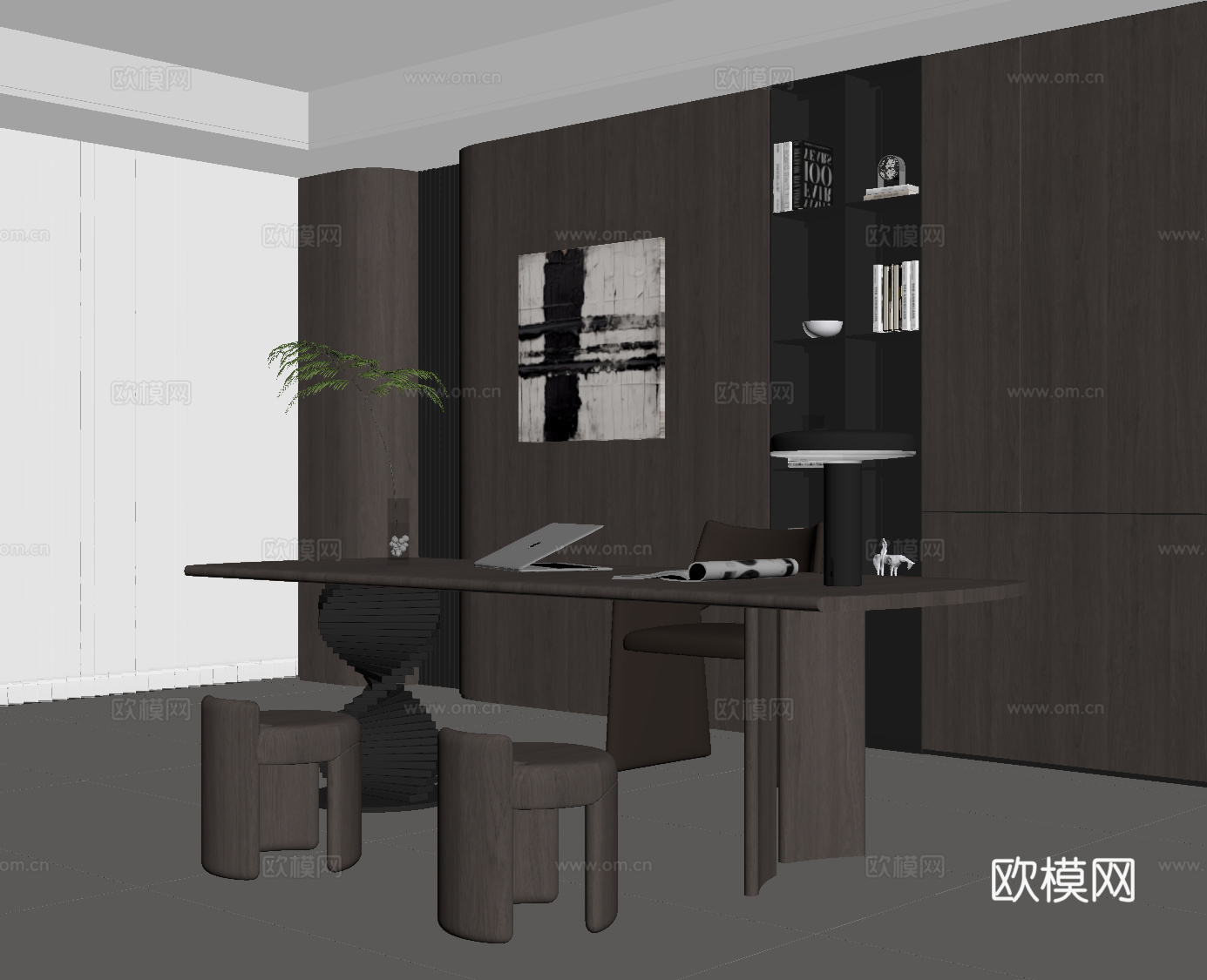 现代意式书房 书桌椅 书柜su模型