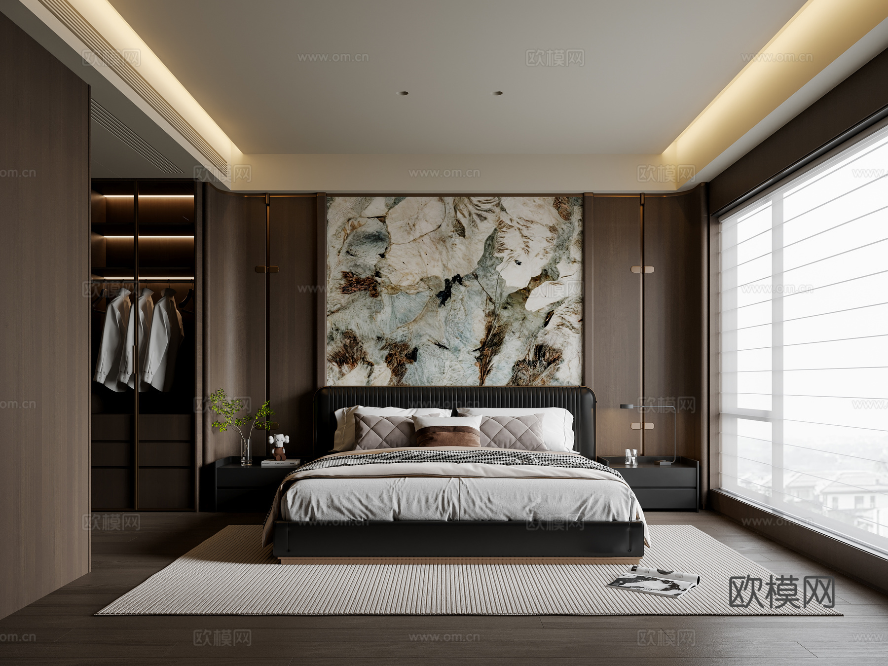 意式轻奢卧室 皮质双人床 床头柜 地毯su模型