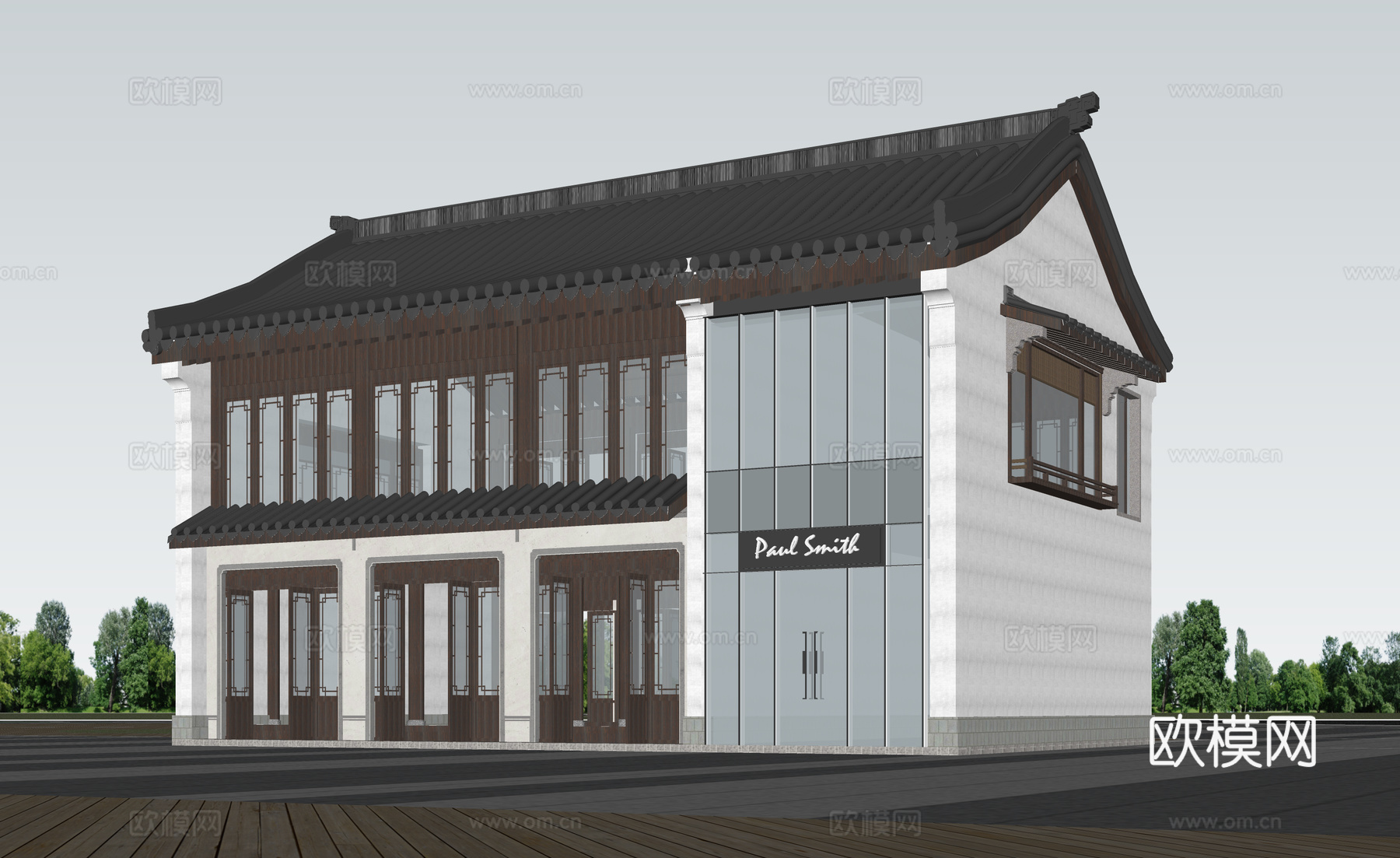 中式酒店 民宿 商业街 水街 民宿建筑su模型