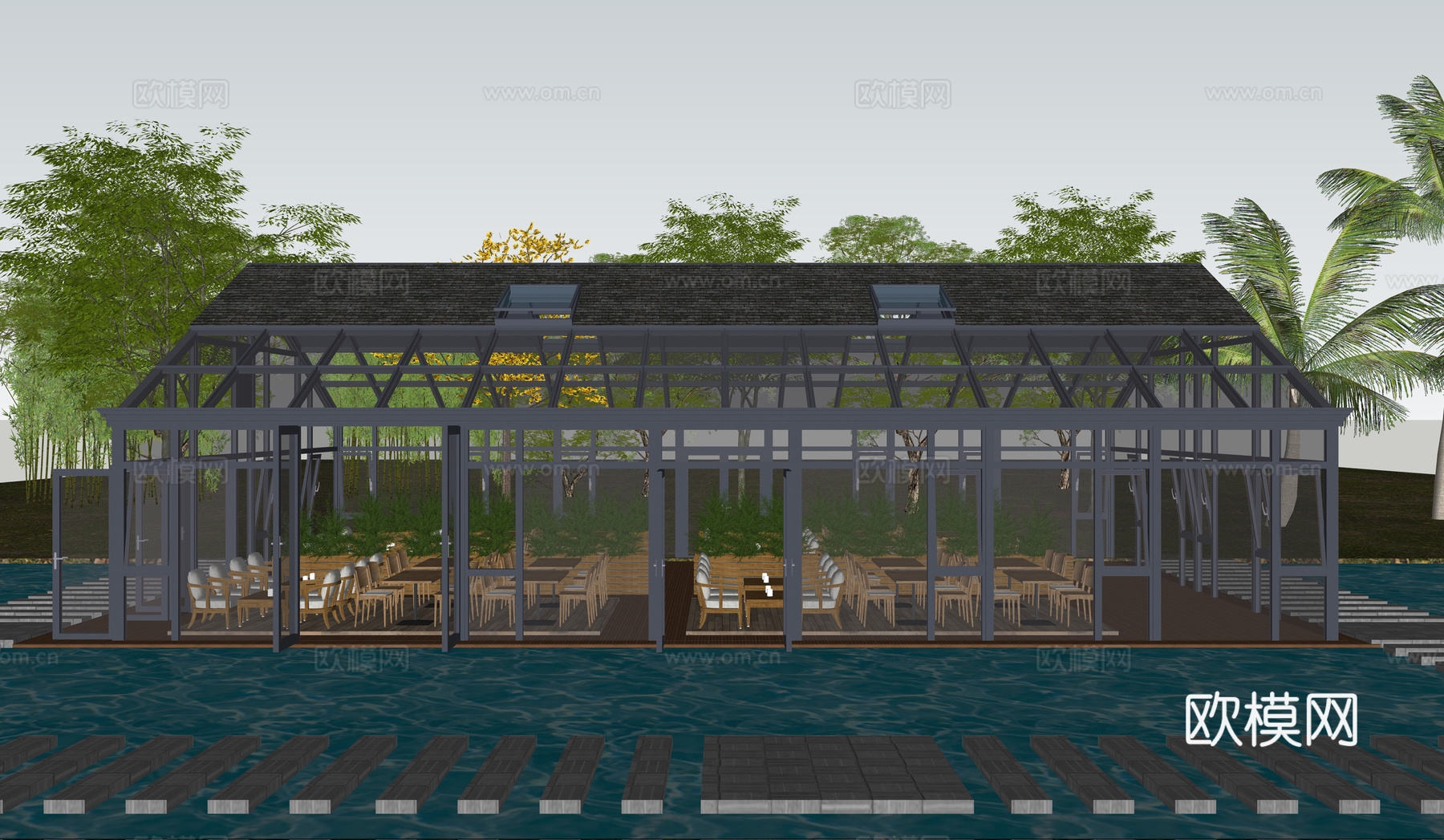 阳光房全案设计  会所   户外景观餐厅su模型