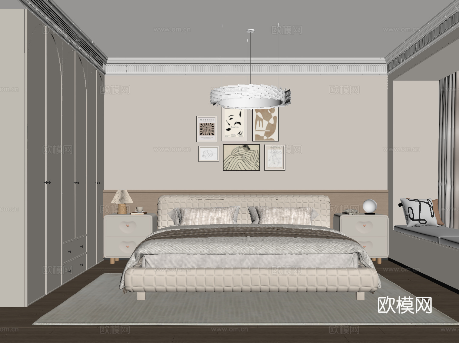 现代奶油风家居卧室 双人床 衣柜 床头柜su模型