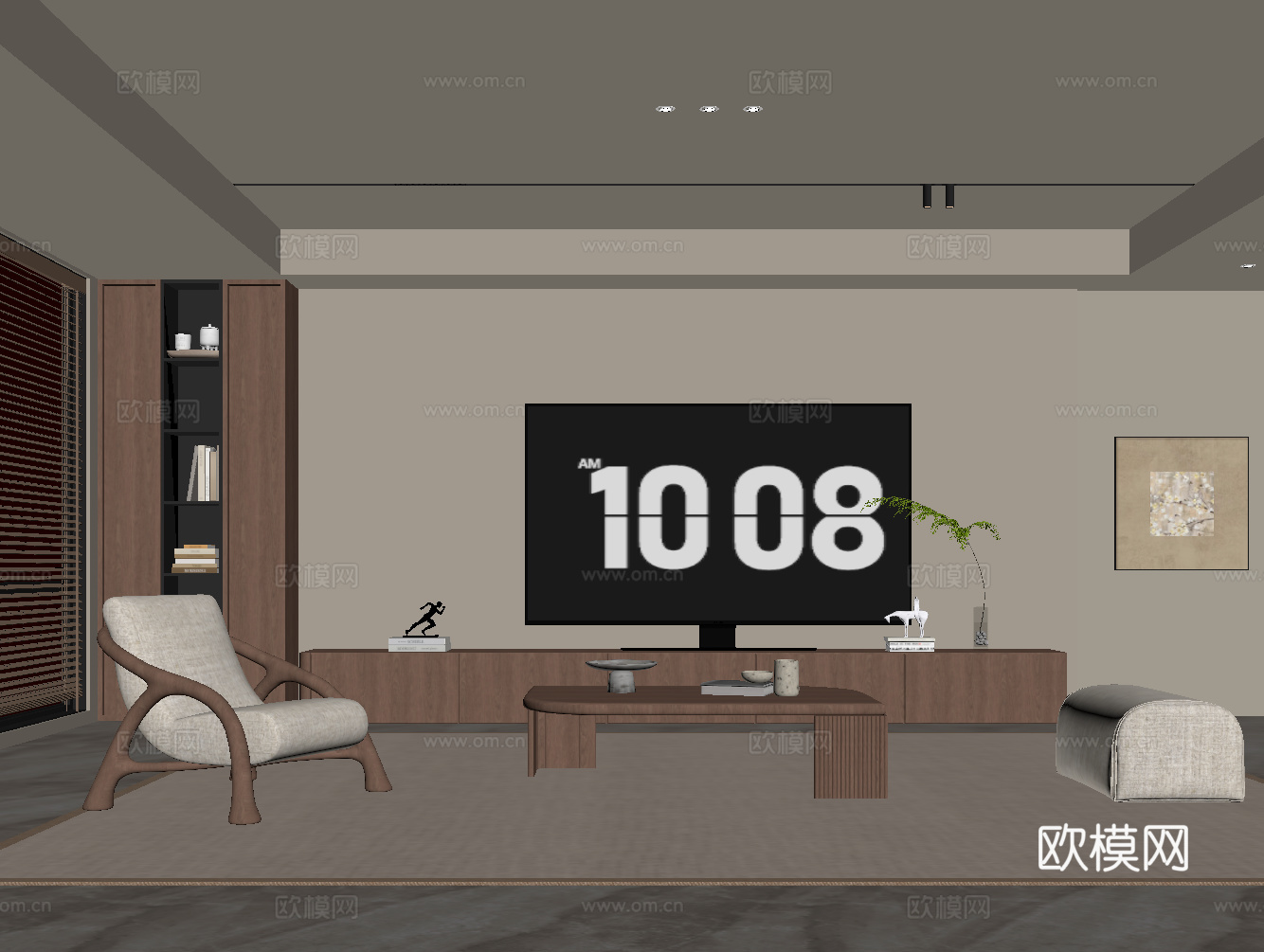 现代中古风客厅 沙发茶几组合 电视柜 矮柜su模型