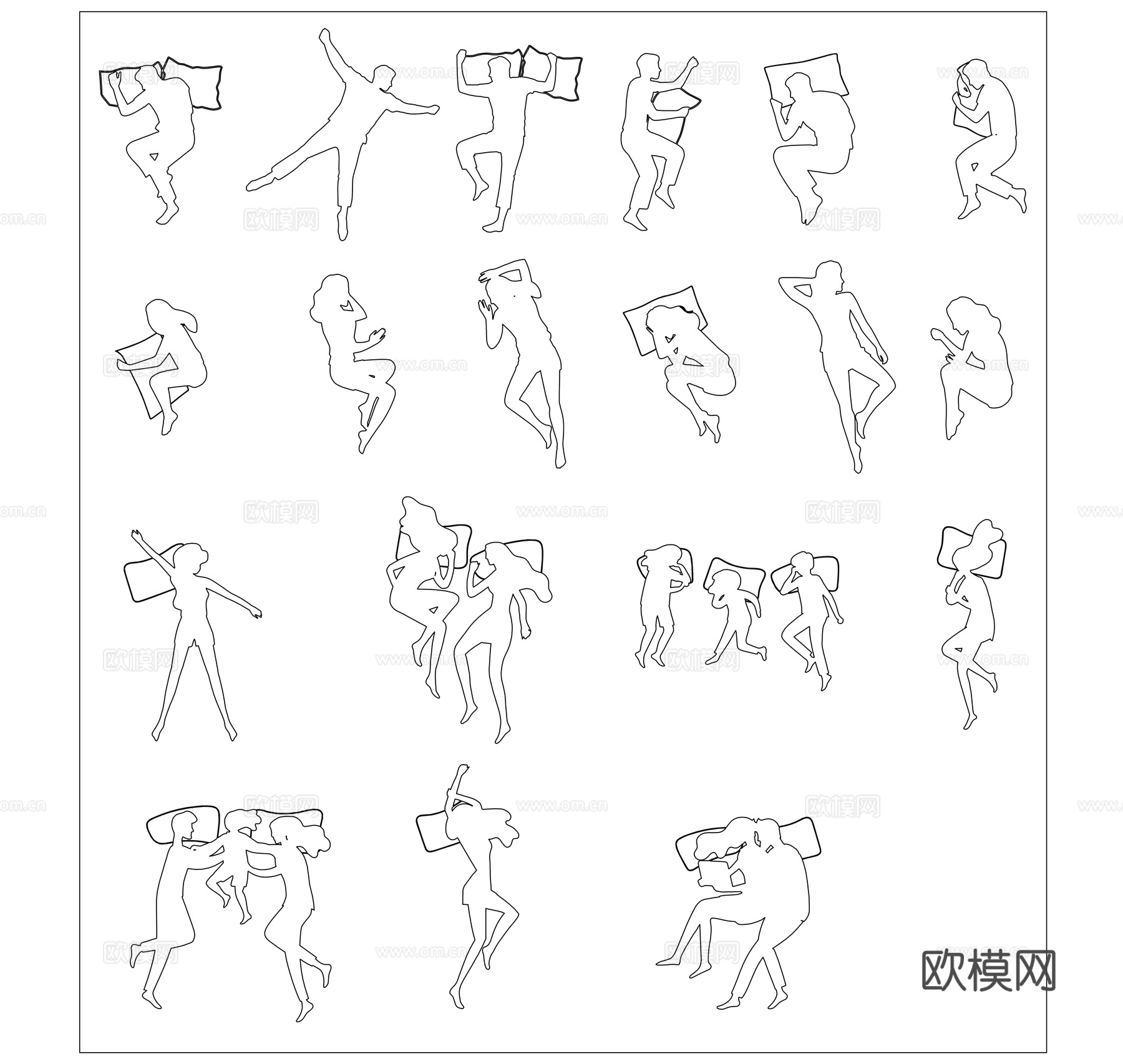 睡姿剪影 卧姿人影 眠态侧影 睡卧轮廓 休憩剪影cad施工图