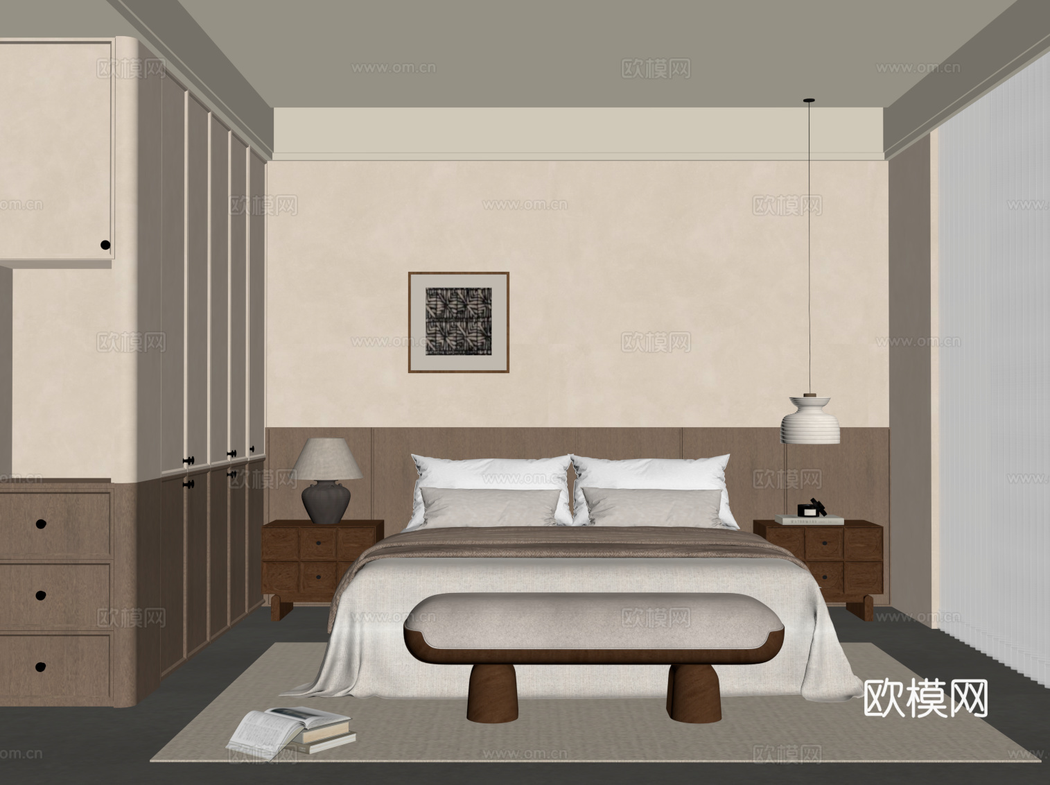 中古风卧室 侘寂风卧室 双人床 衣柜su模型