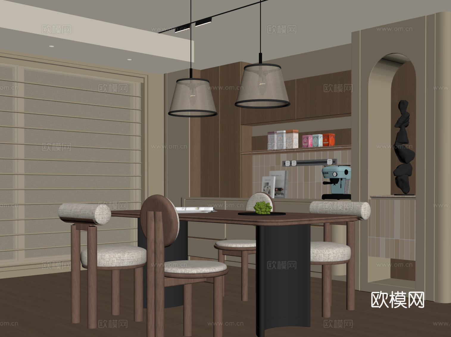 现代中古风餐厅 餐桌椅 餐边柜 酒柜su模型