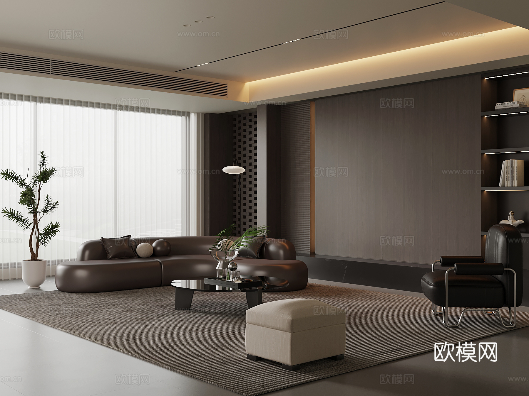 现代意式客厅 横厅 沙发茶几组合 背景墙su模型