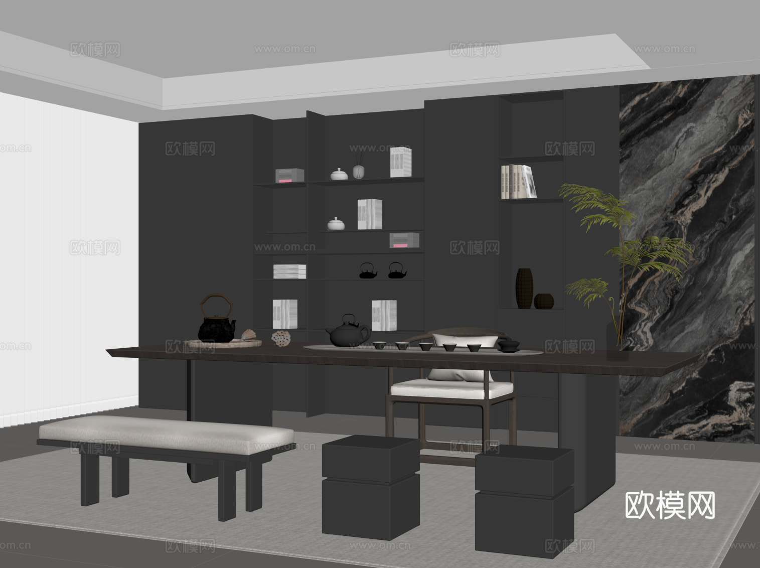 现代意式茶室 茶桌椅 茶柜su模型