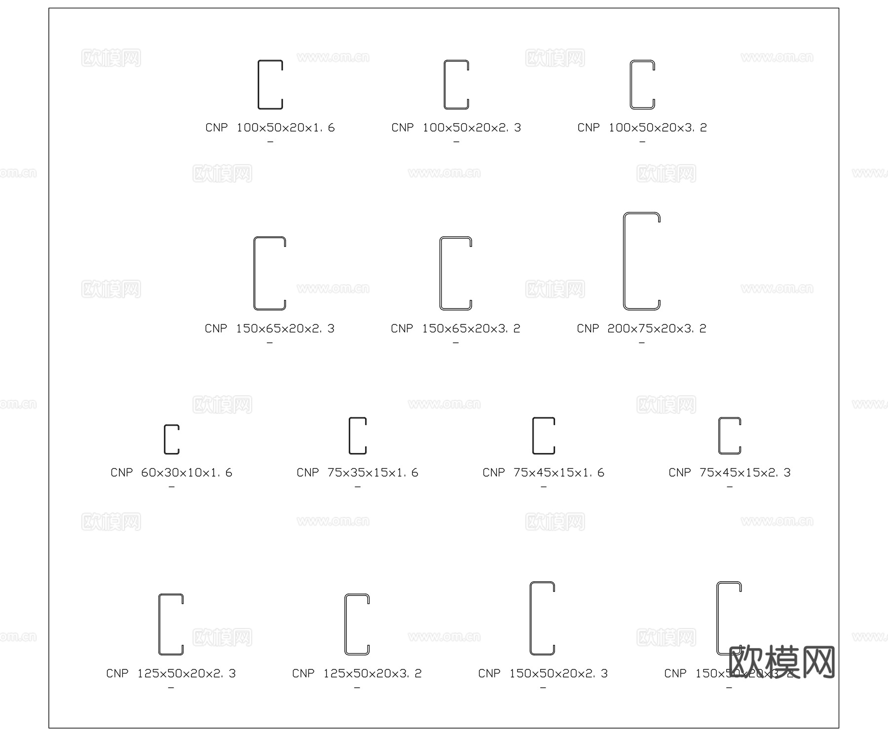 冷弯槽钢 槽形型钢  C型钢 槽铁 轻型槽钢cad施工图