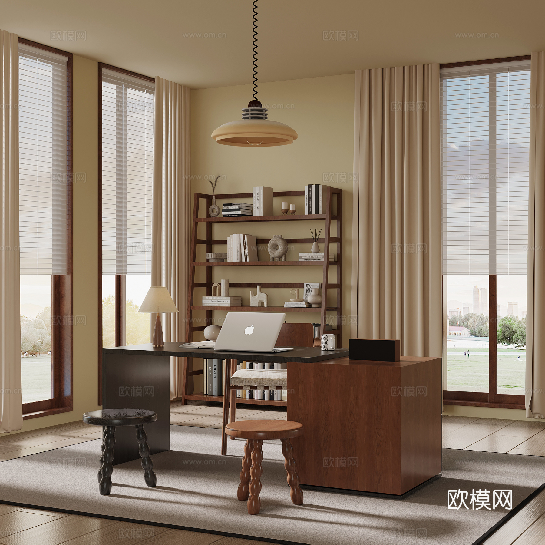 现代中古风书房 开放式书房 书桌椅 书架置物架su模型