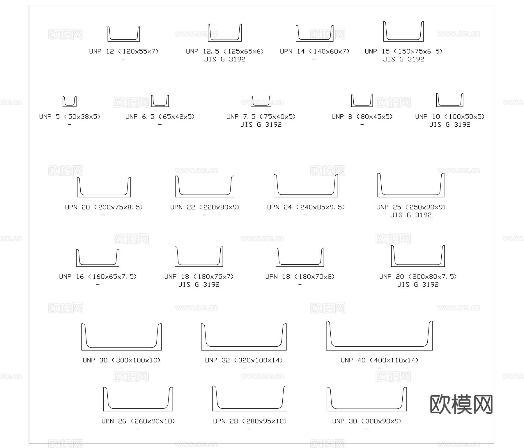 槽形钢 U型钢 冷弯槽钢 开口型钢 槽型型材cad施工图