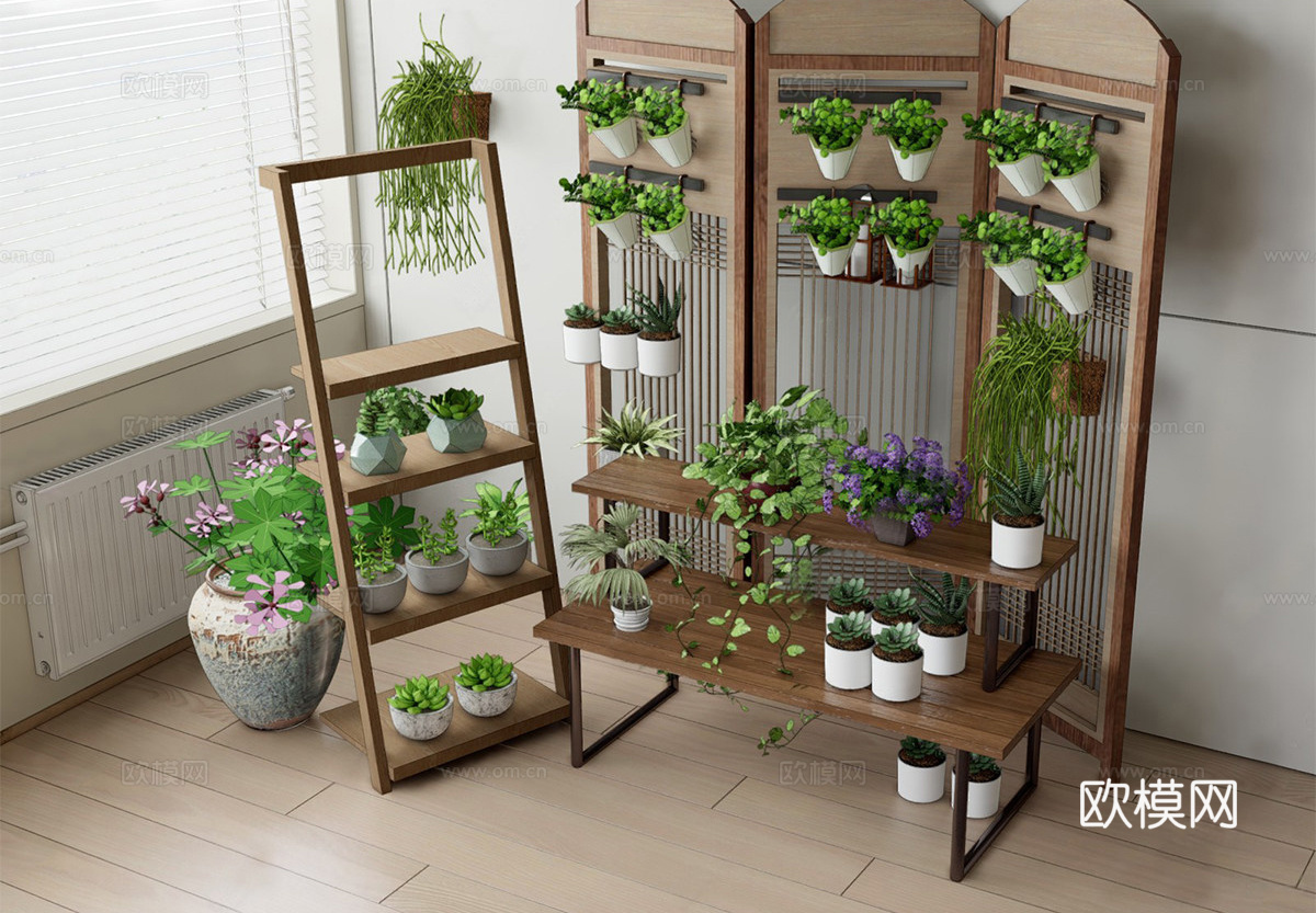 现代复古置物花架 花架 盆栽架 花卉盆栽组合 植物架su模型