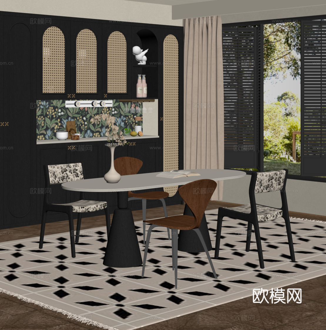 法式复古餐厅 餐桌椅 餐边柜su模型