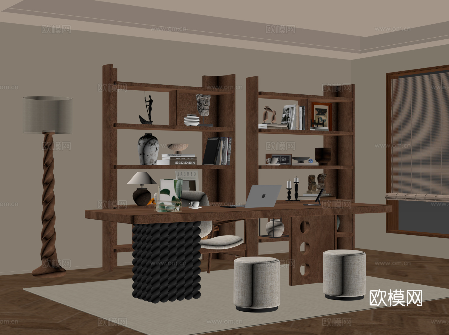 现代中古风书房 书桌椅 书柜 置物架su模型