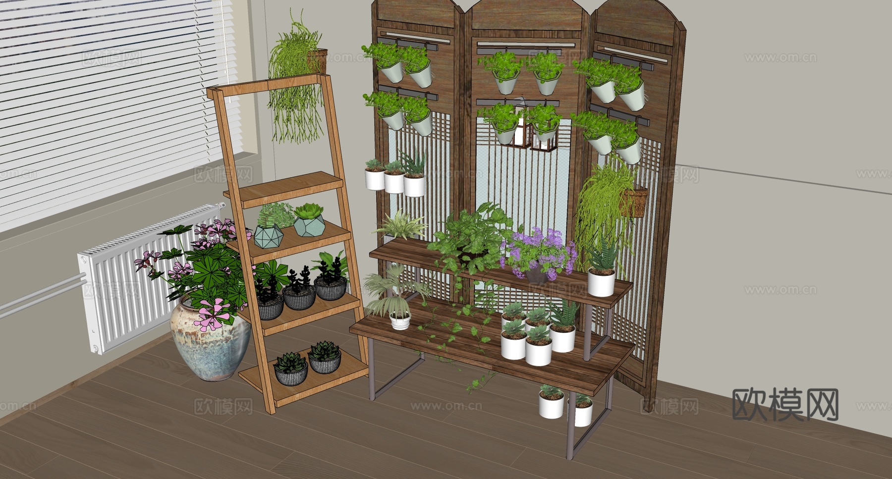 现代复古置物花架 花架 盆栽架 花卉盆栽组合 植物架su模型
