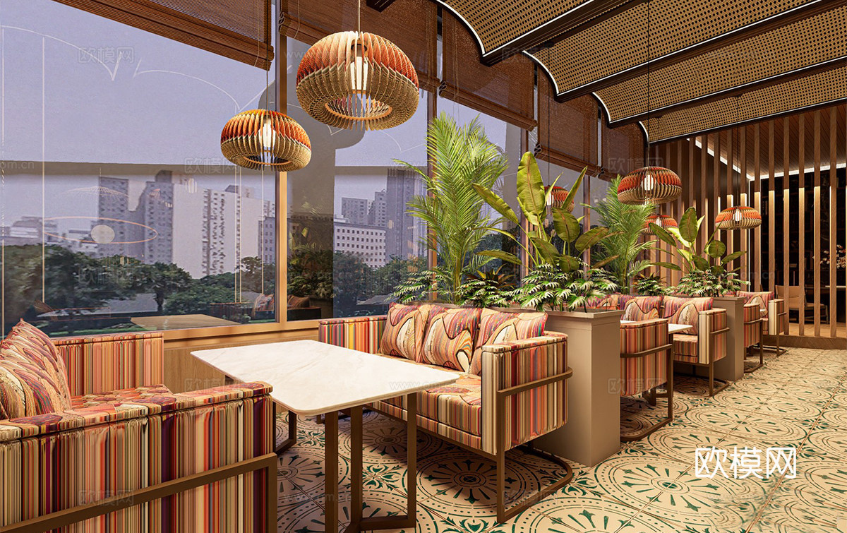 复古禅意中餐厅 壮族文化餐厅 壮族文化餐厅卡座 餐桌椅组合su模型