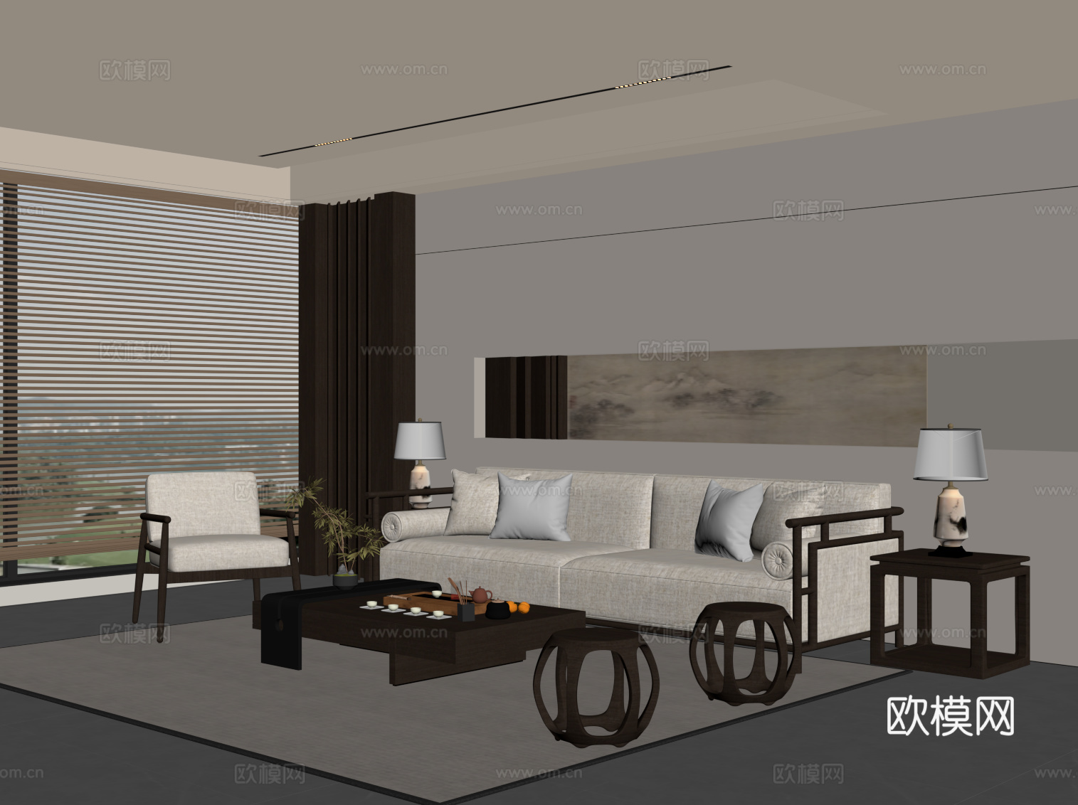新中式宋氏风客厅 沙发茶几组合 背景墙su模型