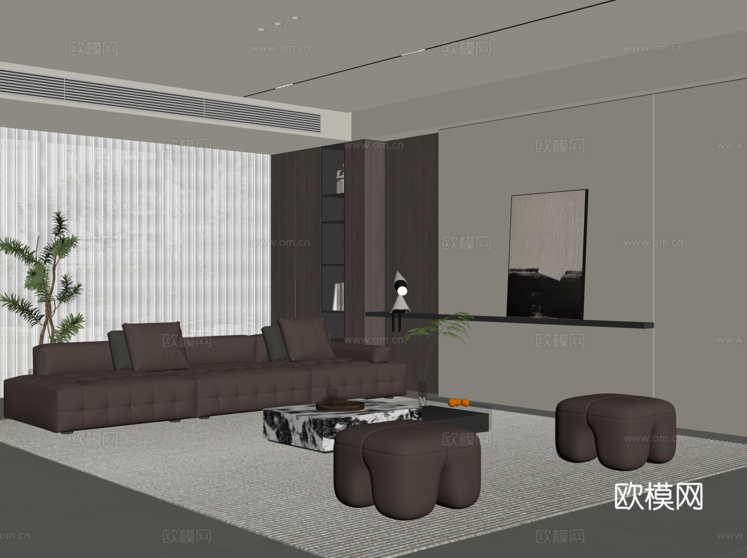 现代意式家居客厅 横厅 沙发茶几组合 背景墙su模型