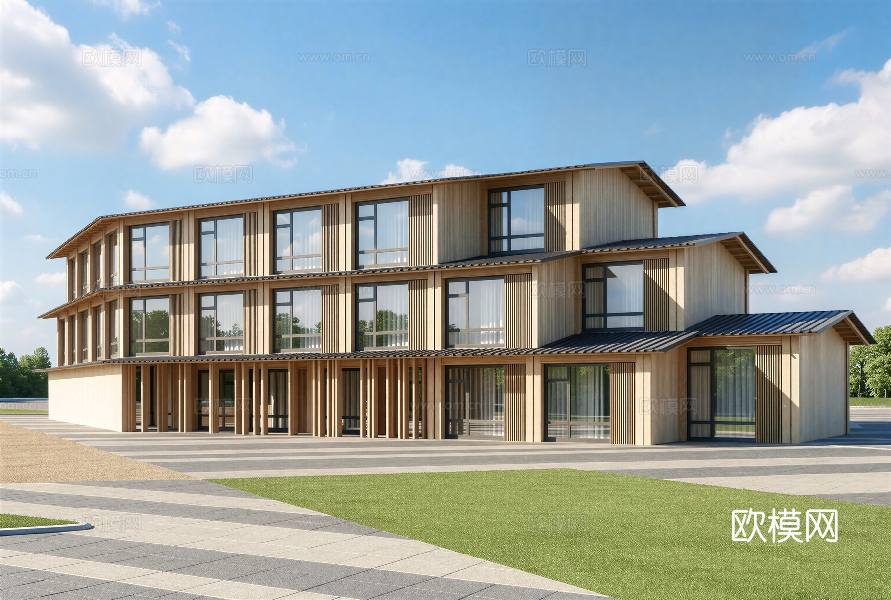 中式酒店 民宿 商业街 水街 民宿建筑su模型