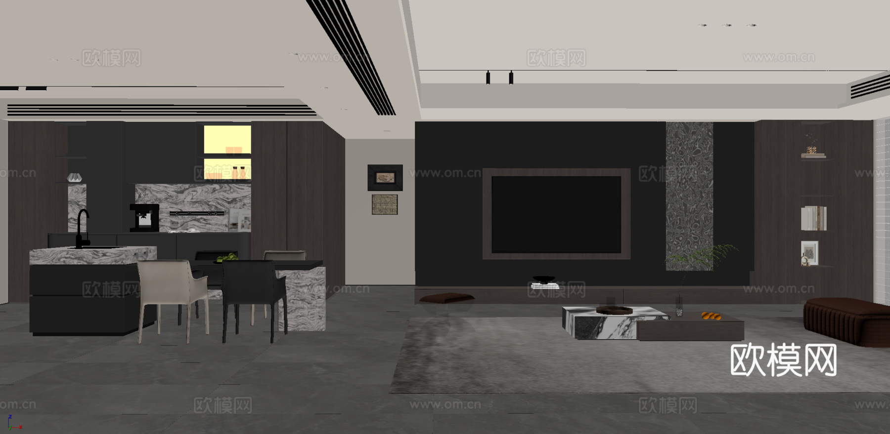 现代意式客餐厅 现代意式客餐厅 客厅 餐厅su模型