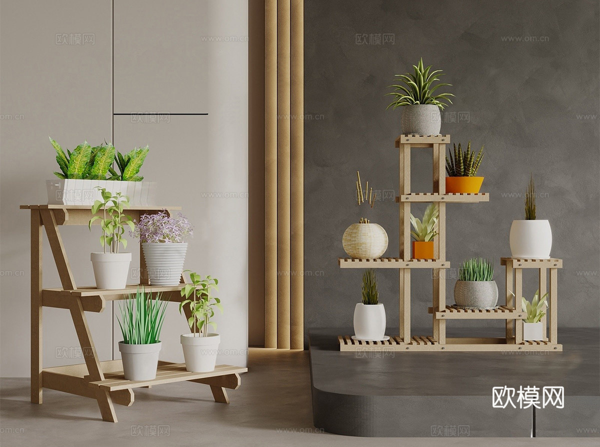 原木花架 置物架 花架  花卉盆栽su模型