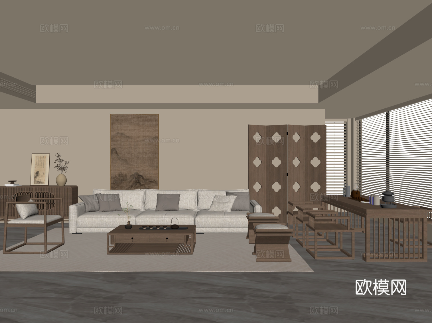 新中式家居客厅 沙发茶几组合 边柜 屏风 茶桌椅su模型