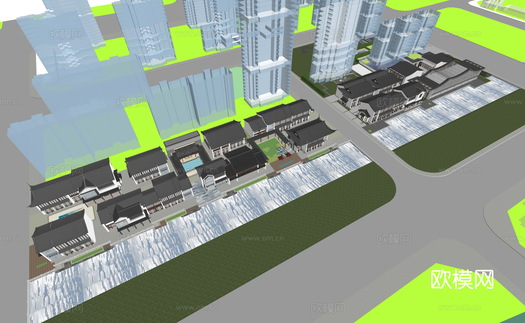 中式酒店 民宿 商业街 水街 民宿建筑su模型