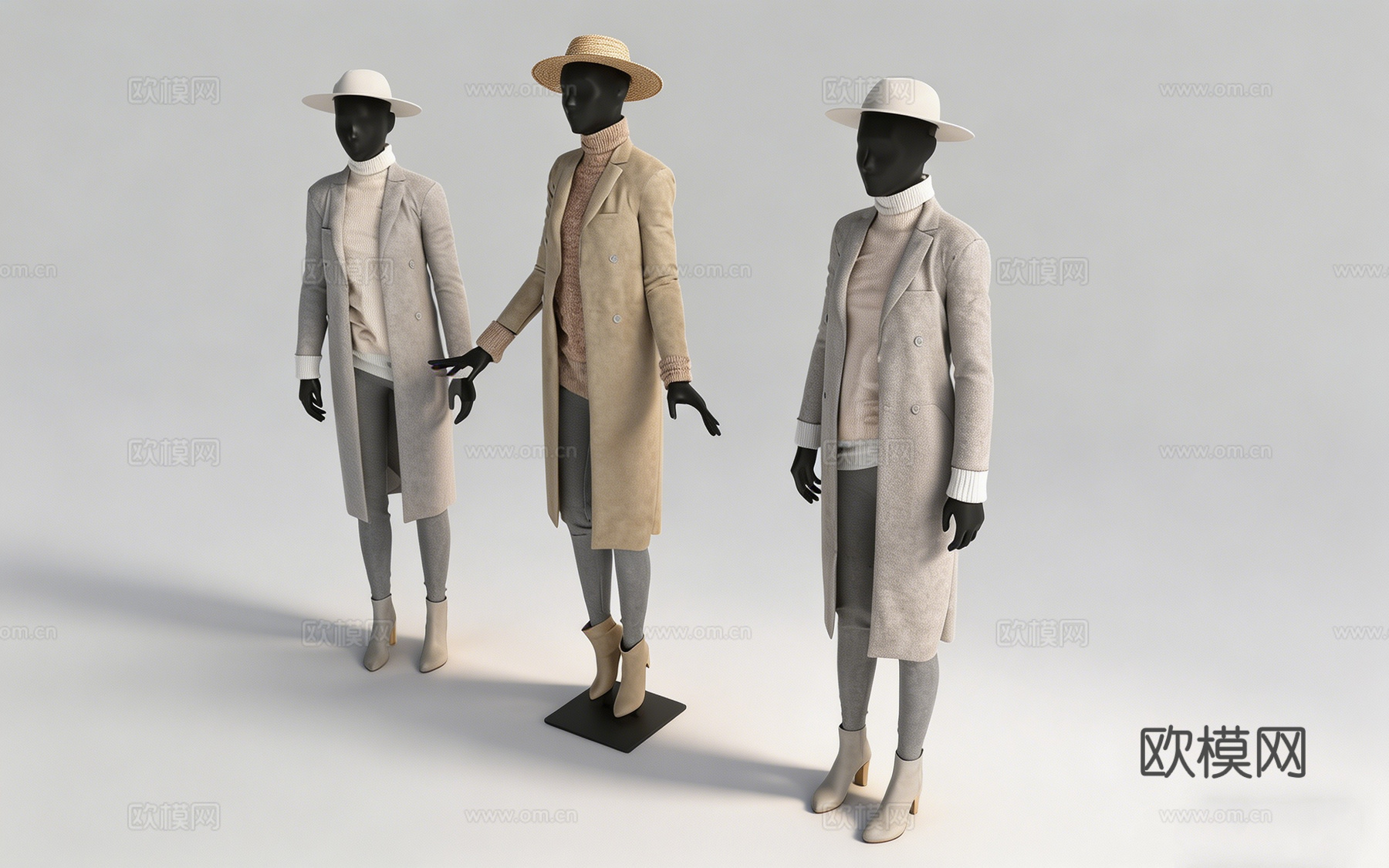 现代简约时尚人体模特服装 长款大衣 帽子靴子 多姿势 服装羊su模型