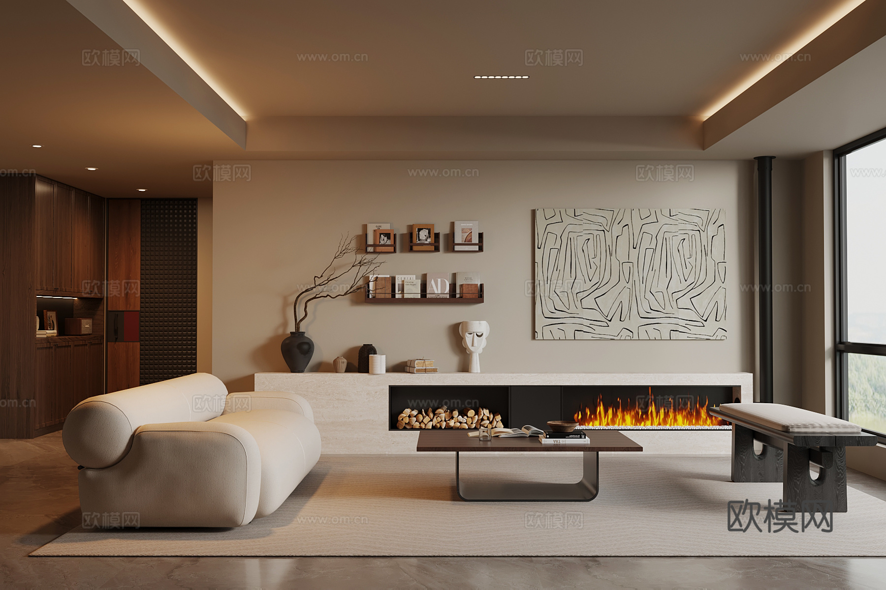 现代中古风客厅 沙发茶几组合 壁炉su模型