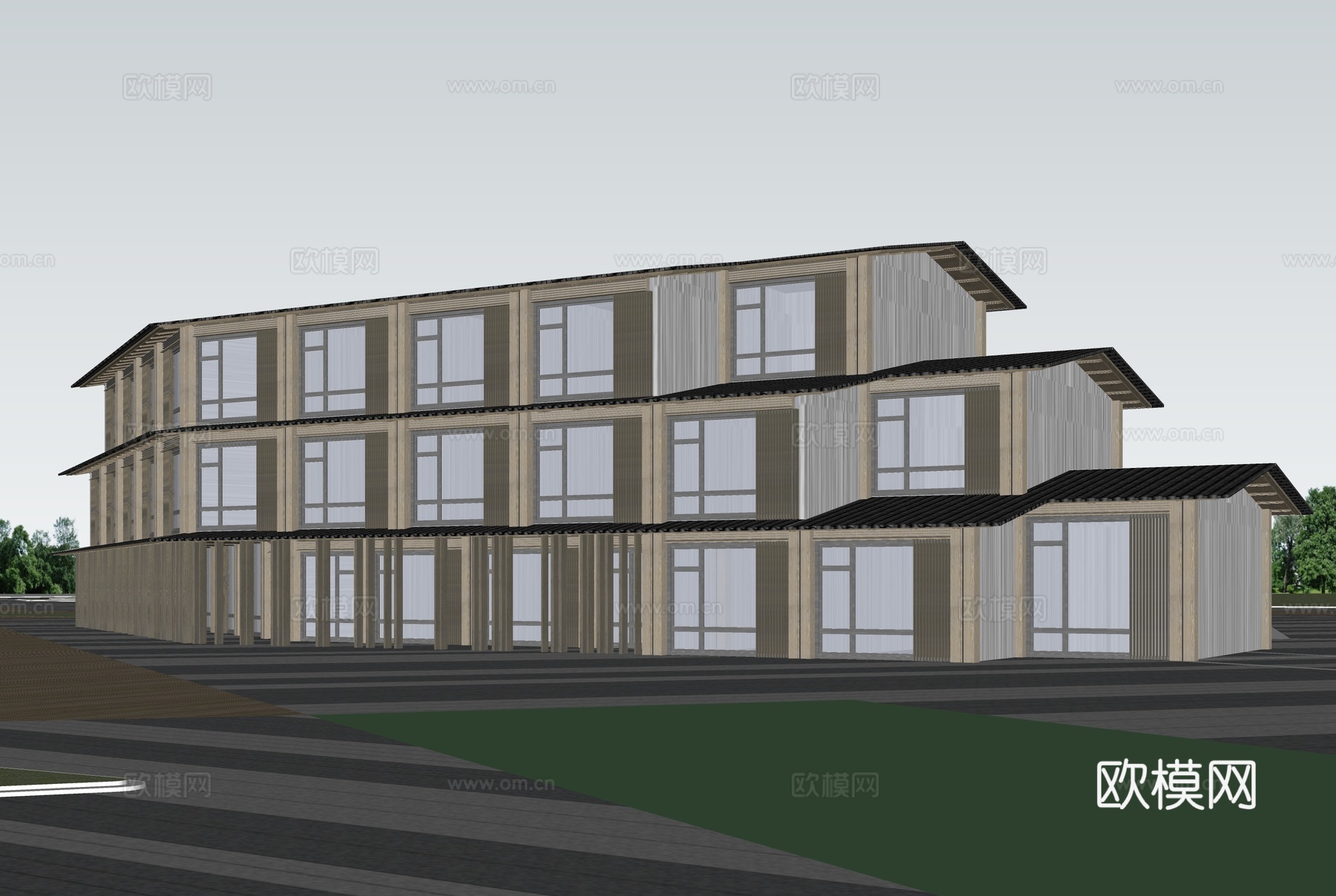 中式酒店 民宿 商业街 水街 民宿建筑su模型