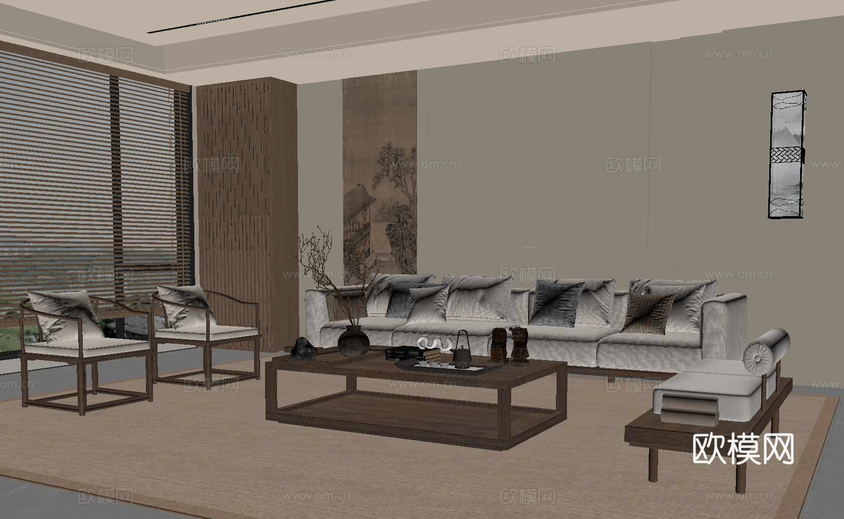 新中式客厅 宋氏风客厅 沙发茶几组合su模型