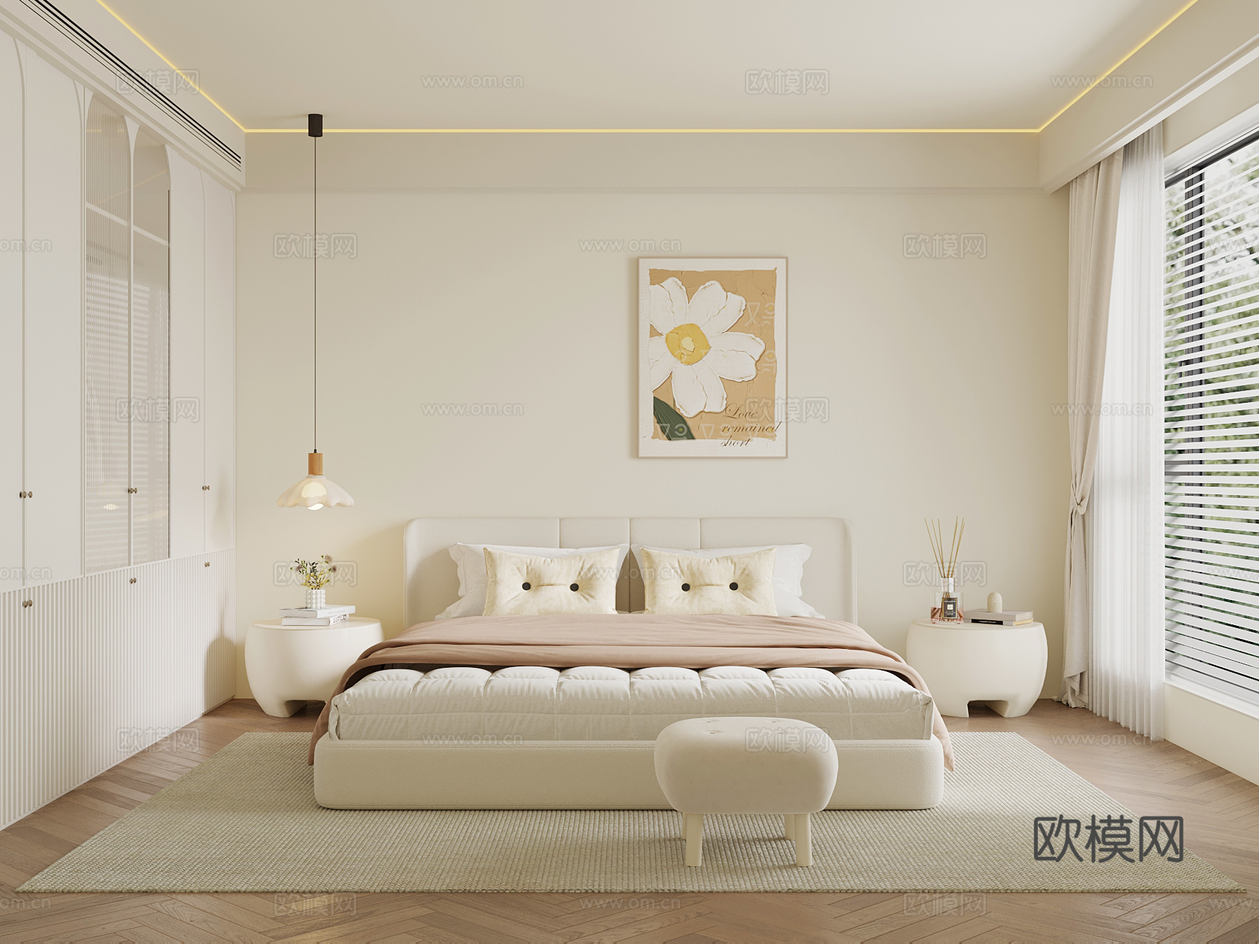 现代奶油风卧室 双人床 衣柜 床头柜su模型
